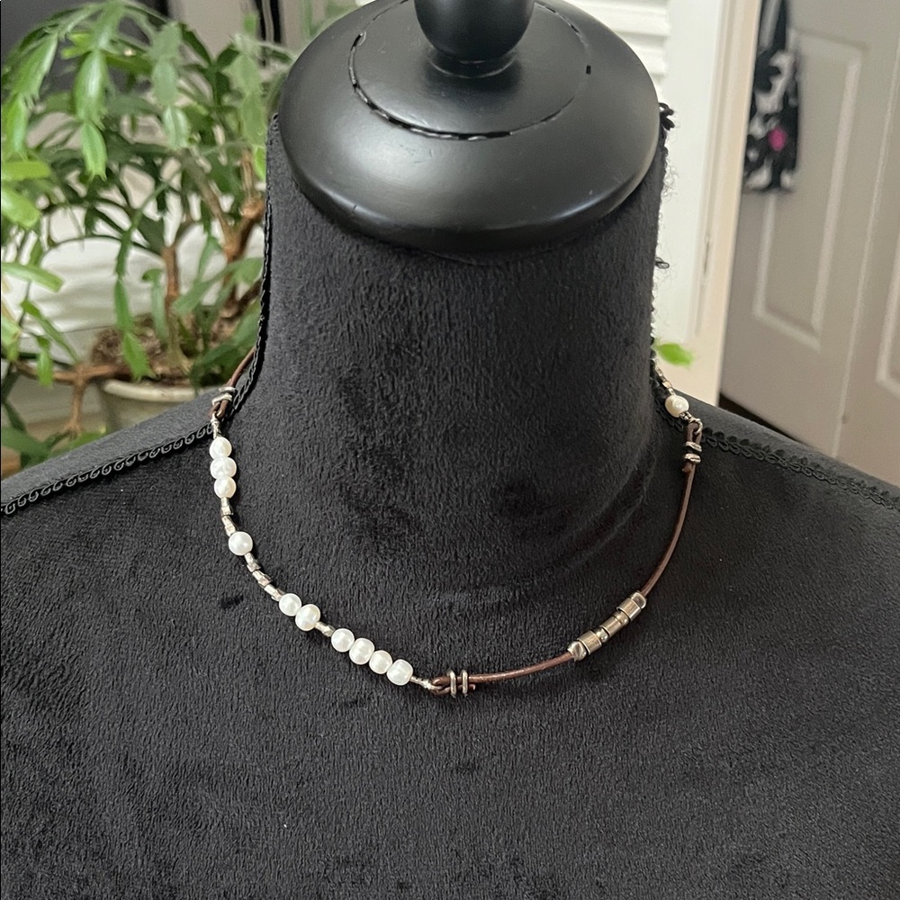 Silpada freshwater pearl and 925 Sterling necklace with leather button closure